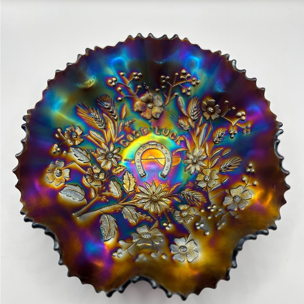 Vintage Carnival Electric Purple Northwood Good Luck Ruffled Bowl - Picture 2 of 9